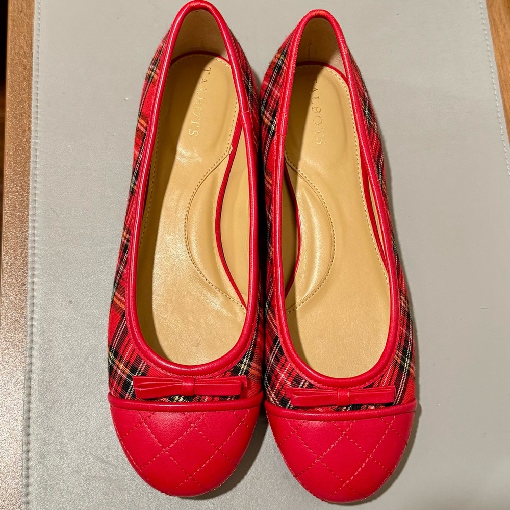 Talbots Red Plaid and Leather Ballet Flats Size 8.5 - NEW - Picture 2 of 12